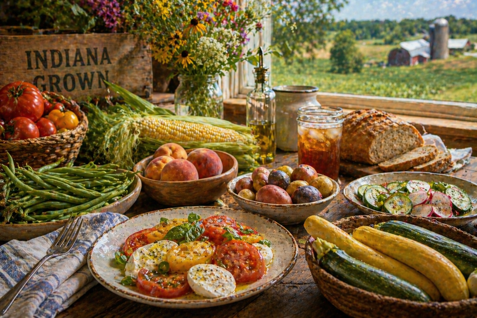 夏の農産物と食卓を思わせるインディアナの料理風景