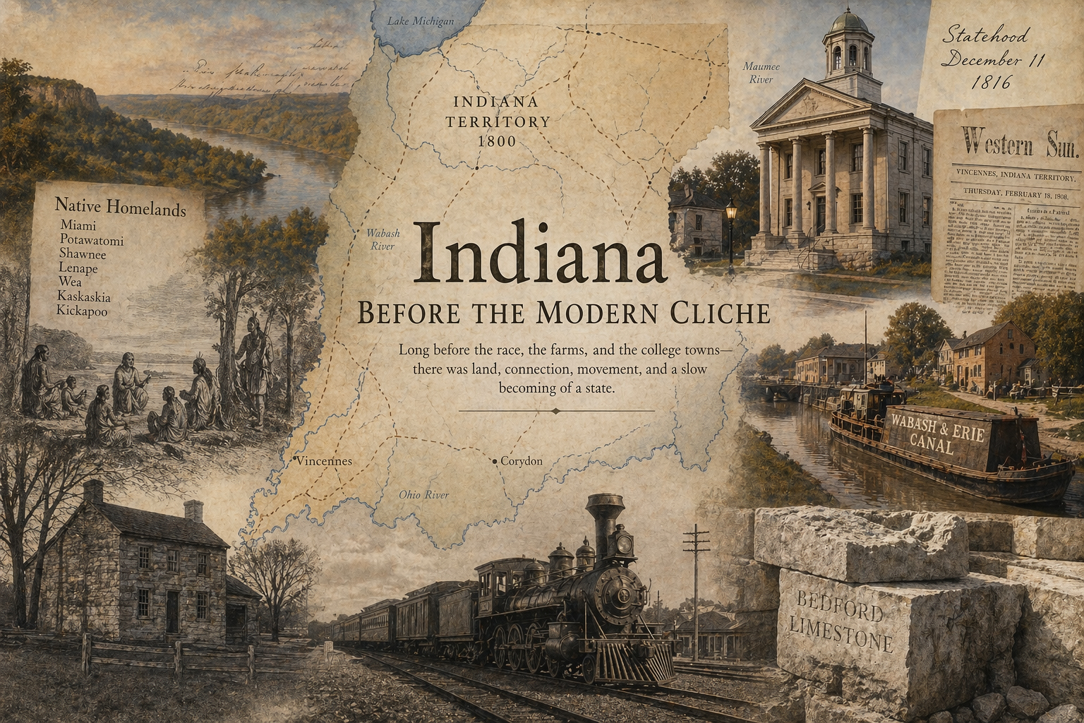 インディアナの古い地図、新聞、運河、建築を重ねた歴史コラージュ