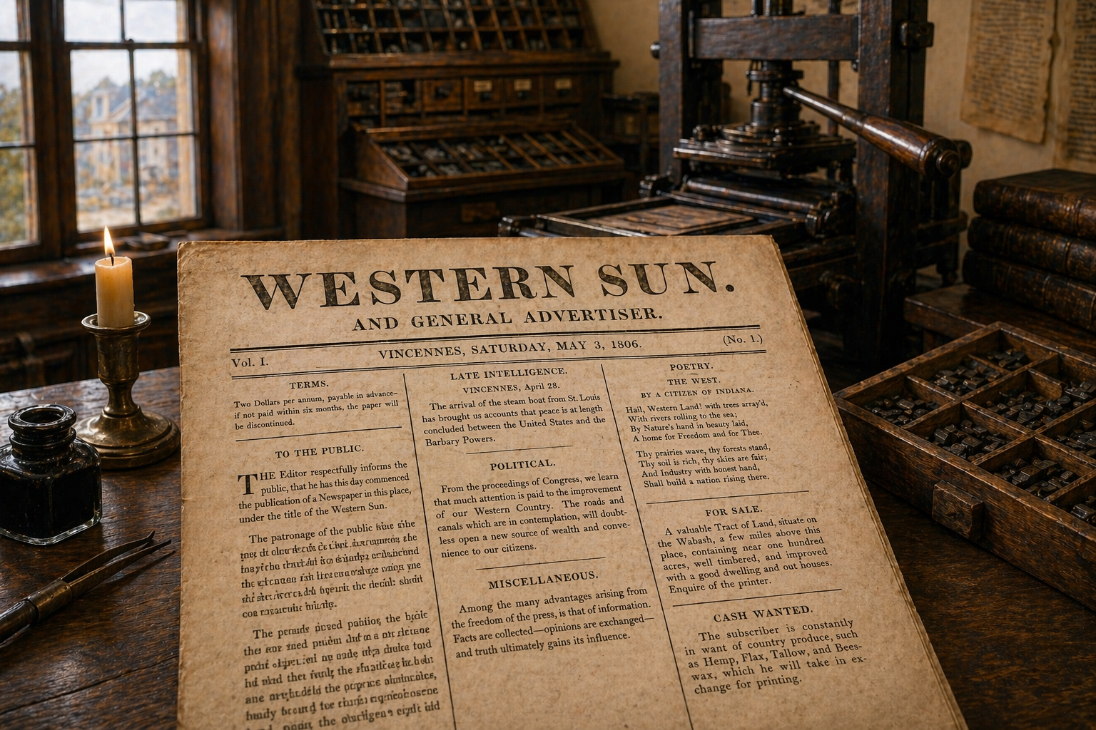 Western Sun 紙面を思わせる歴史的な印刷室