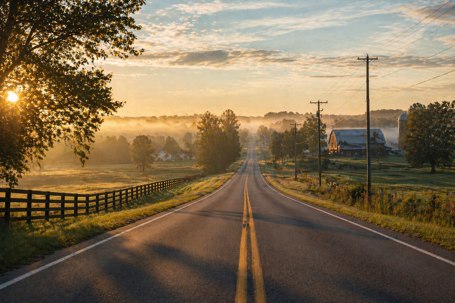 朝の二車線道路をゆっくり走る風景