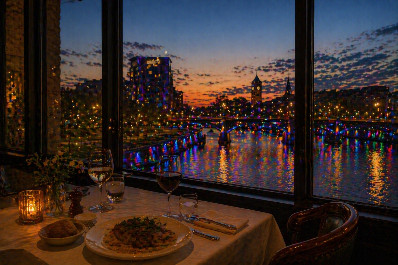 夜景の気配が残るダウンタウンの夕食風景